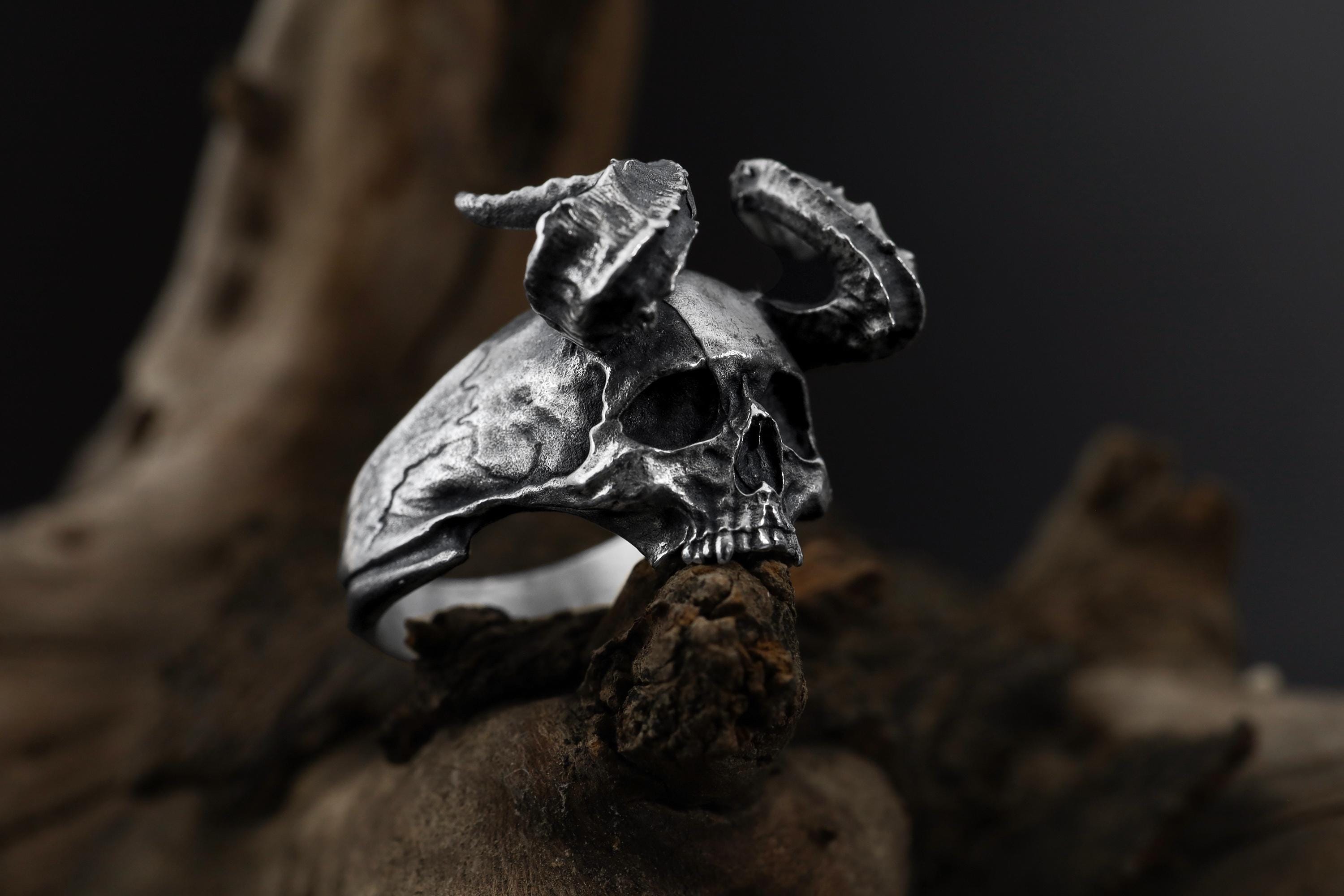 Handmade Sterling Silver Horned Devil Skull Ring, Gothic Biker