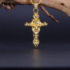 925K Sterling Silver Gold-Plated Skull Cross Necklace, Gothic Medieval Crucifix Necklace, Dark Fantasy Statement Jewelry for Men