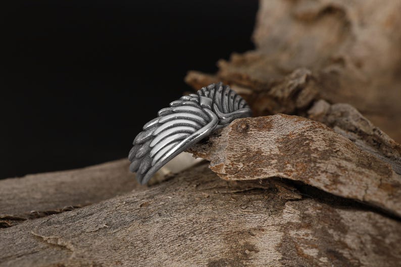 Angel Wings Band Ring, Guardian Angel Ring For Him, Gold Plated Angel Jewelry, Silver Men Wedding Ring, Unique Wedding Band for Husband image 10