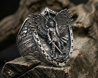 Anillo de San Miguel Arcángel en plata de ley 925: Anillo protector para hombre, anillo de defensor católico.