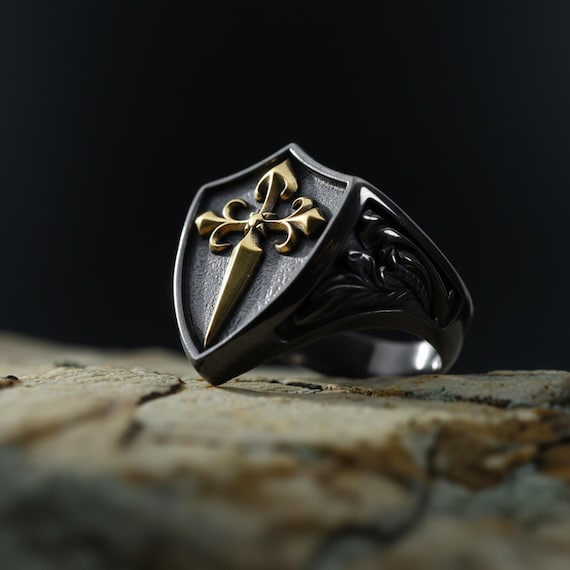 Rhodium Plated Templar Cross Shield Ring: Dagger Warrior Ring, Heraldic Jewelry, Fleur-de-lis Sword Ring