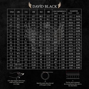 May include: A ring size chart by David Black, with USA, UK, CA, DE, EU, and BR sizes. Includes millimeter and inch measurements for circumference and diameter. Instructions for measuring finger size are also included.