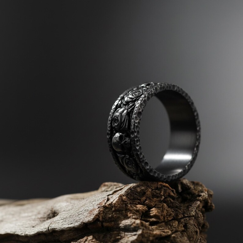 blumigen Schädel Ehering: Rose und Schädel-Band-Ring, Gothic Hochzeit für Ihn, Rosen der Ewigkeit Ring Bild 9