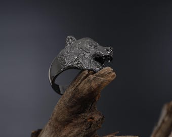 925K Silver Angry Bear Ring for Men: Bold Statement Ring, Hunter Jewelry