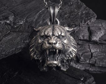 Tiger Pendant Necklace, Mens Sterling Silver Animal Jewelry, Statement Birthday Gift for Him