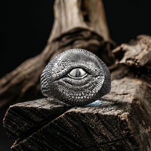 Anillo de ojo de dragón de plata de ley: anillo de sello de criatura mítica para hombre Silver