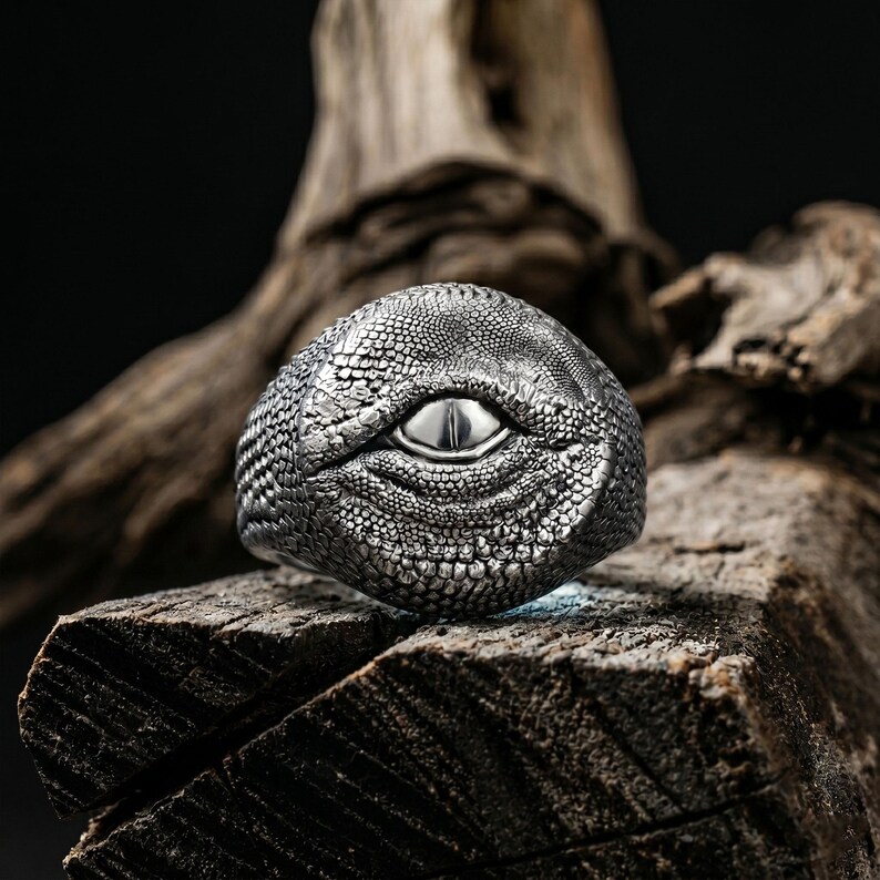 Anillo de ojo de dragón de plata de ley: anillo de sello de criatura mítica para hombre Silver