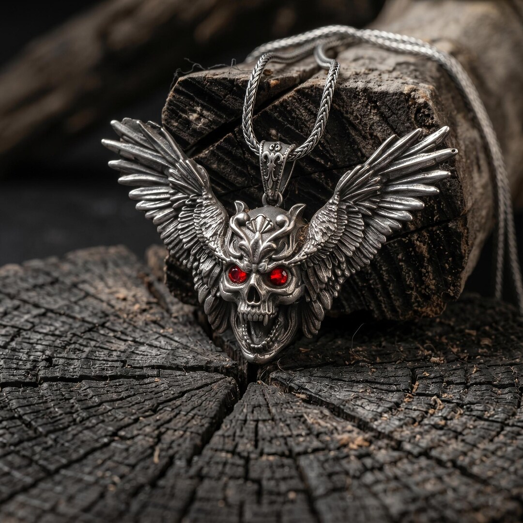 Rhodium Plated Skull With Wings Necklace, Winged Skull Charm