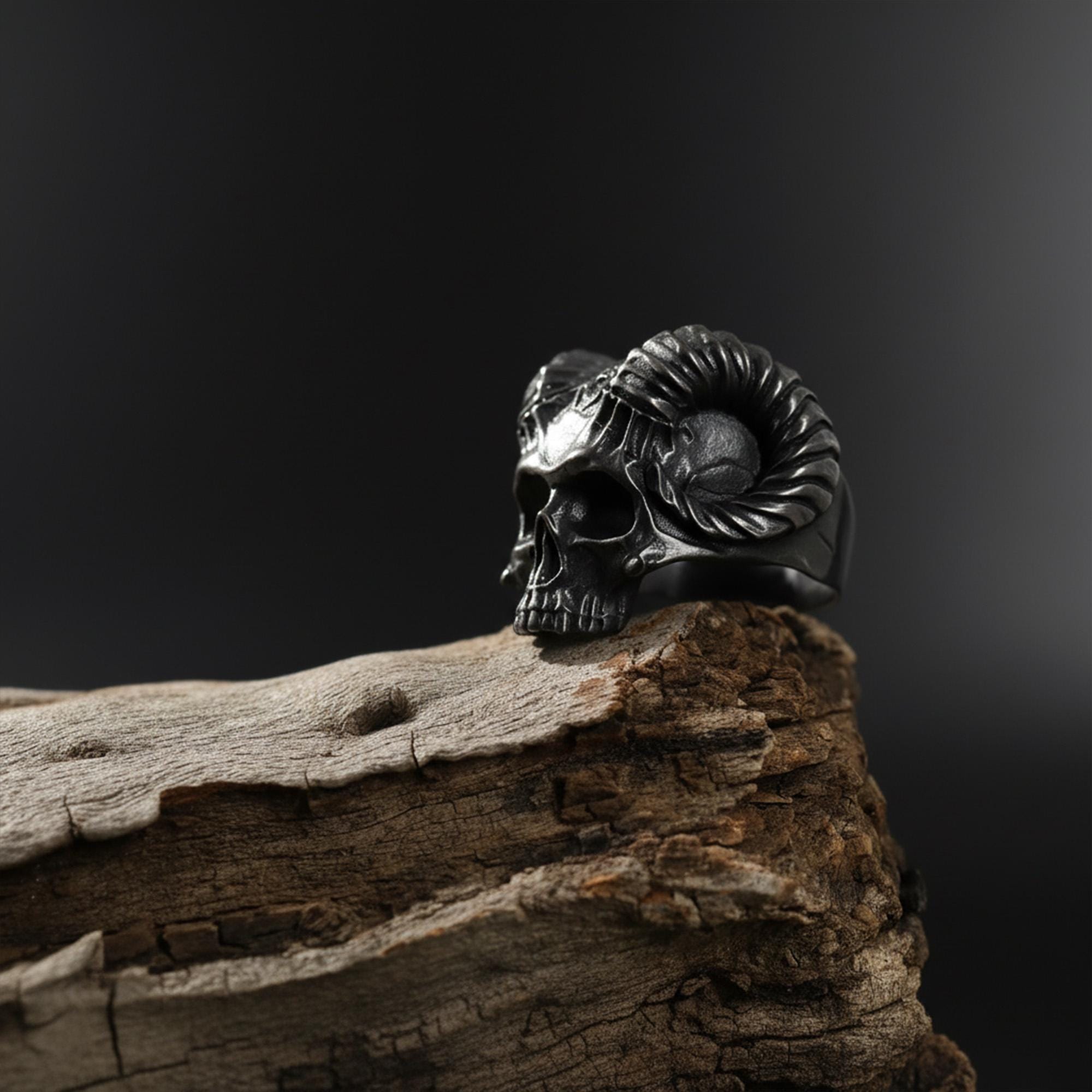 Silver Devil Head Ring: Horned Demon Head Ring, Scary Skull Ring