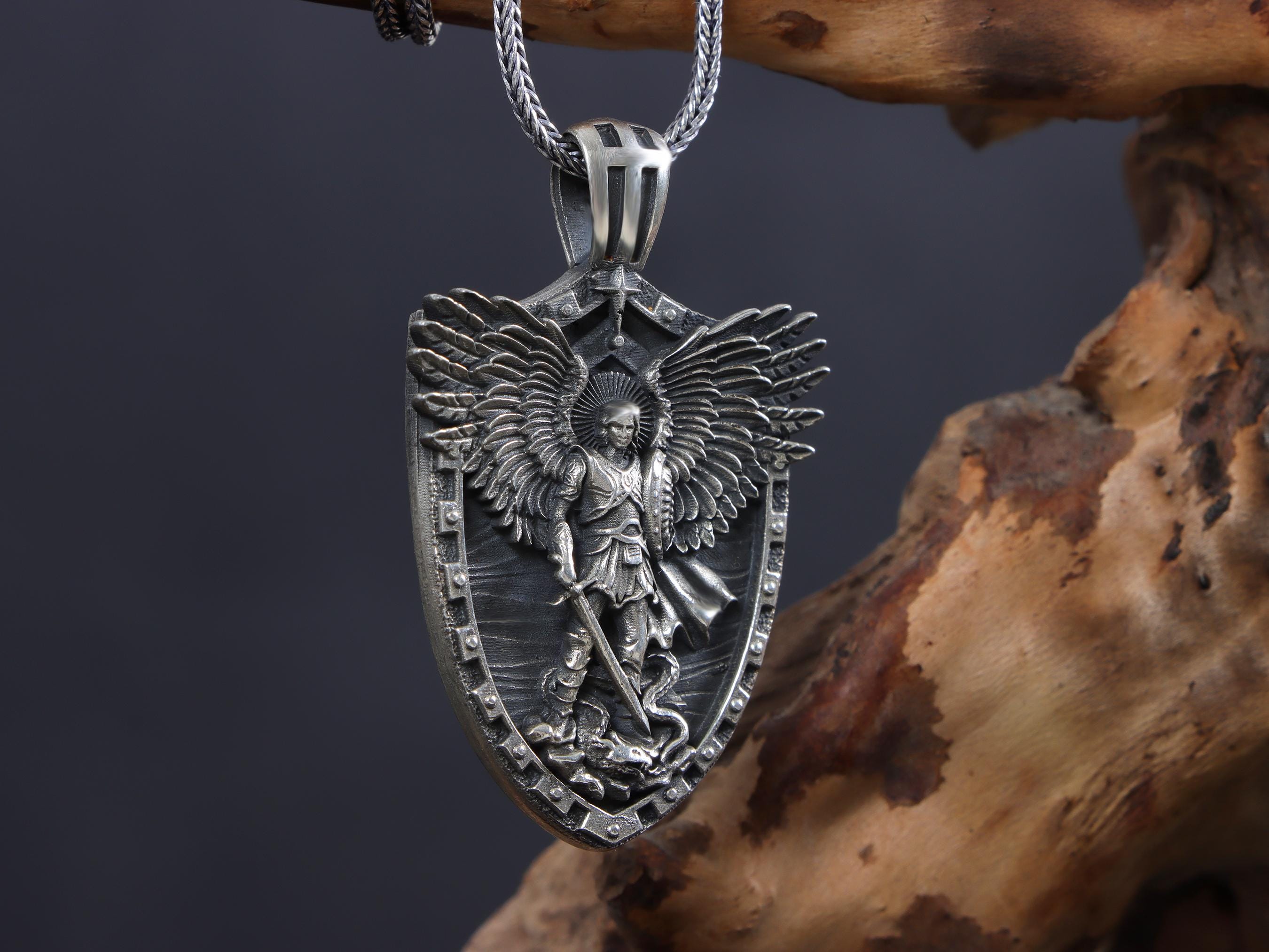 Archangel Michael Defeating Snake Necklace, Large Saint Michael Necklace, Guardian Angel Necklace Men, Religious Protection Jewelry