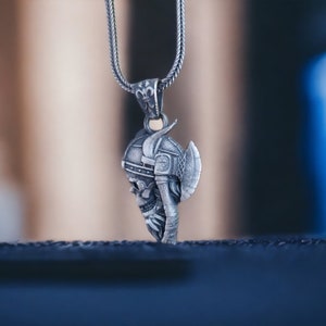 Silver Viking Skull Necklace, Norse Warrior Pendant for Men, Nordic Mythology Jewelry, Skull and Axe Necklace, Gift for Boyfriend
