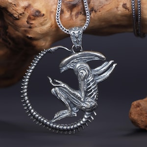 Sterling Silver Alien Necklace, Sci-Fi Jewelry, Gothic Xenomorph Necklace for Men & Women, Handmade Fantasy Horror Jewelry Gift