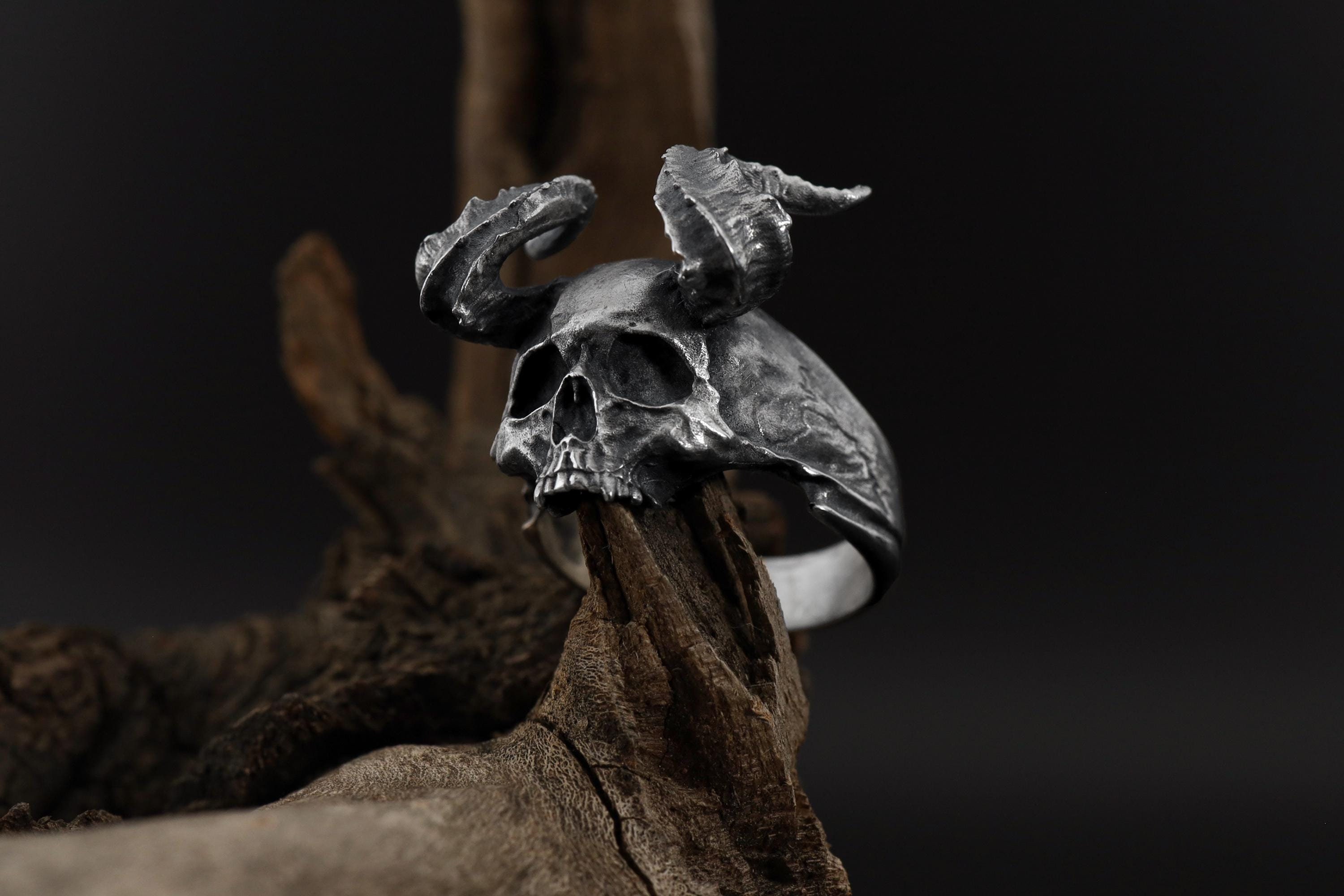 Handmade Sterling Silver Horned Devil Skull Ring, Gothic Biker