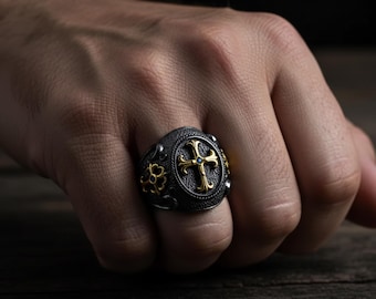 Rhodium Plated Medieval Cross Ring: Religious Jewelry Gift, Templar Cross Ring, Victorian Cross Ring
