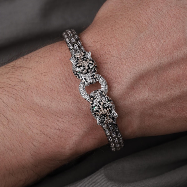 Men’s Panther Bracelet with CZ Stones, Luxury Animal Head Chain Bracelet, Statement Tiger Head Jewelry, Men’s Fashion Bracelet