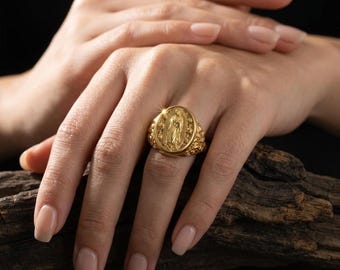 Gold Plated Virgin Mary Signet Ring, Catholic Devotional Faith Jewelry