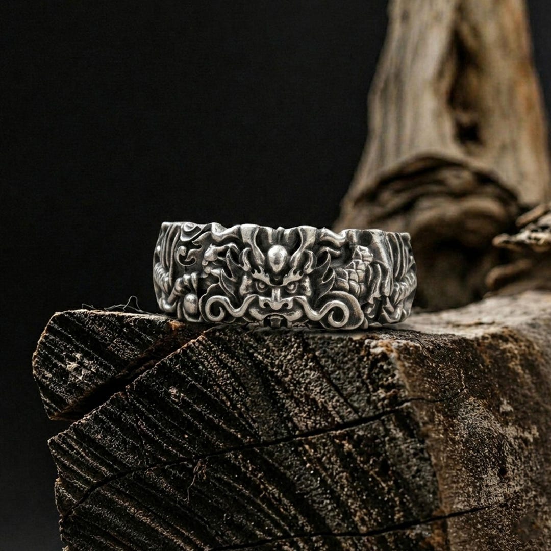 925k Sterling Silver Amanojaku Dragon Ring: Mythical Japanese
