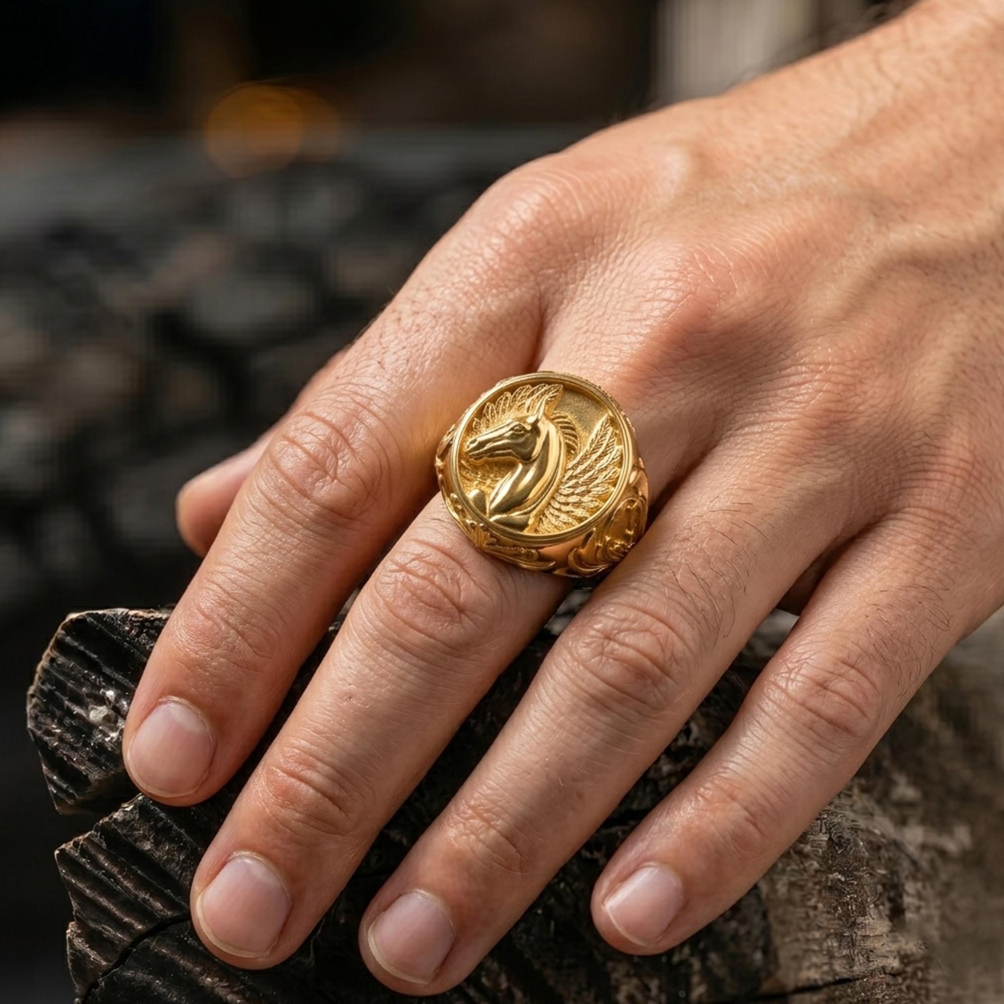 Sterling Silver Pegasus Ring, Mythology Flying Horse Signet