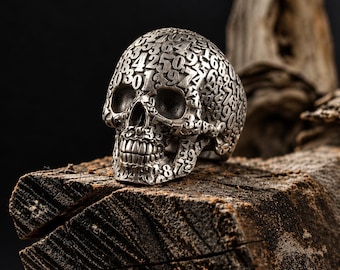 Number Skull Ring, 925 Sterling Silver Signet, Gothic Biker Statement Jewelry for Men