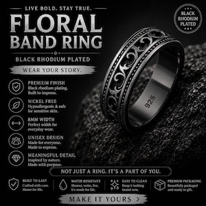 Puede incluir: Anillo de banda floral con ba&ntilde;o de rodio negro con un dise&ntilde;o intrincado. El anillo tiene 8 mm de ancho y presenta el texto "925" en el interior. La imagen tambi&eacute;n incluye el texto "Floral Band Ring" y "Wear Your Story."