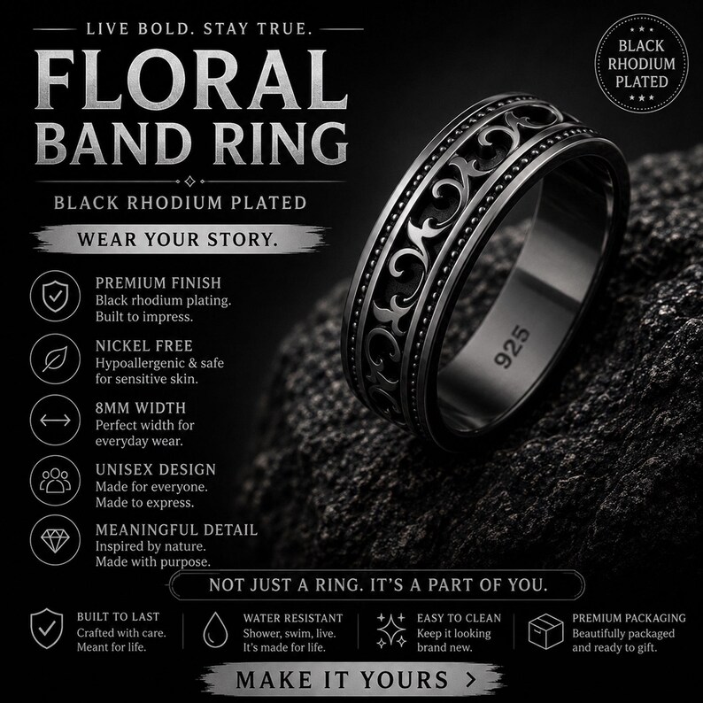 Puede incluir: Anillo de banda floral con ba&ntilde;o de rodio negro con un dise&ntilde;o intrincado. El anillo tiene 8 mm de ancho y presenta el texto "925" en el interior. La imagen tambi&eacute;n incluye el texto "Floral Band Ring" y "Wear Your Story."
