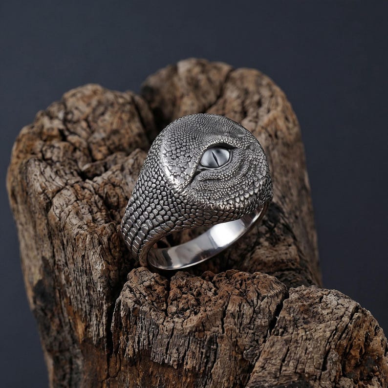 Puede incluir: Un anillo de plata con un patr&oacute;n de escamas de reptil texturizadas en la banda y la cara. El centro del anillo muestra un ojo realista y prominente con una pupila vertical, incrustado dentro de las detalladas escamas met&aacute;licas plateadas.