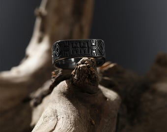 Silver Tribal Pattern Ring: Mens Sterling Silver Band, Engraved