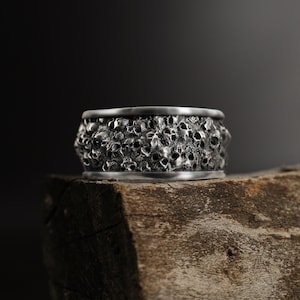 Gothic Adjustable Skull Ring in Sterling Silver, Handmade Dark Grunge Ring for Men, 925 Silver Punk Wedding Band for Him