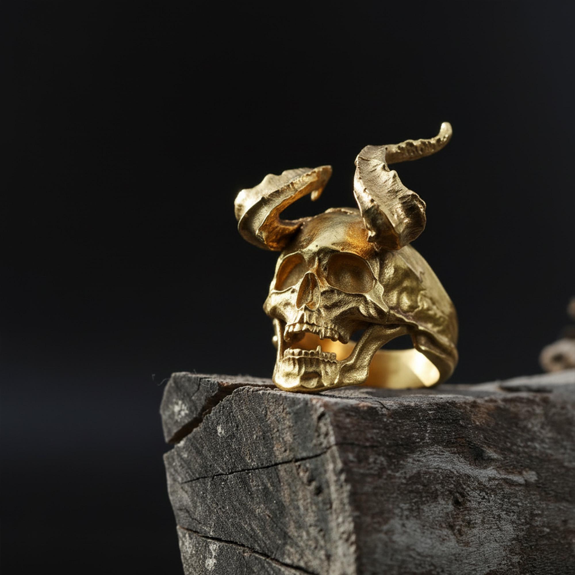 Gold Plated Demon Head Ring: Lucifer Skull Ring, Evil Skull Ring