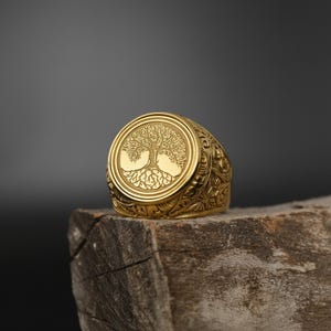 Handmade Family Tree Signet Ring: Gold Plated Tree of Life Celtic Ring, Yggdrasil Boho Men Ring, Viking Mythology Ring
