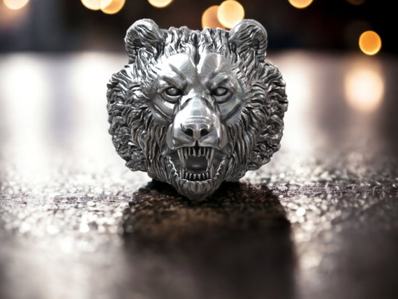 Handmade Sterling Silver Roaring Bear Head Ring for Men