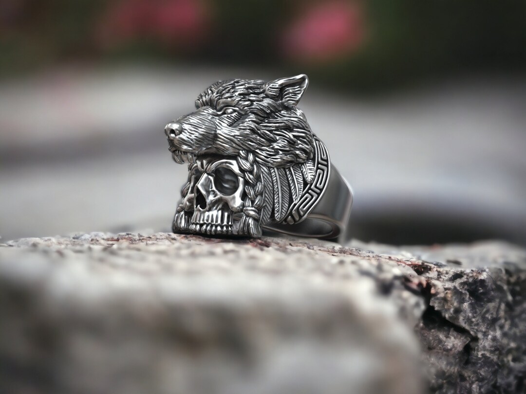 Native American Chief Skull Ring, Skull With Wolf Head Ring, Men Large ...