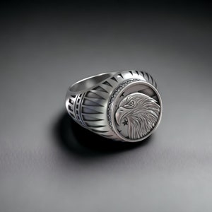 925 Sterling Silver USA Eagle Signet Ring, American Bald Eagle Men's Ring, Patriotic Jewelry, Biker Style Silver Ring, Gift for Husband