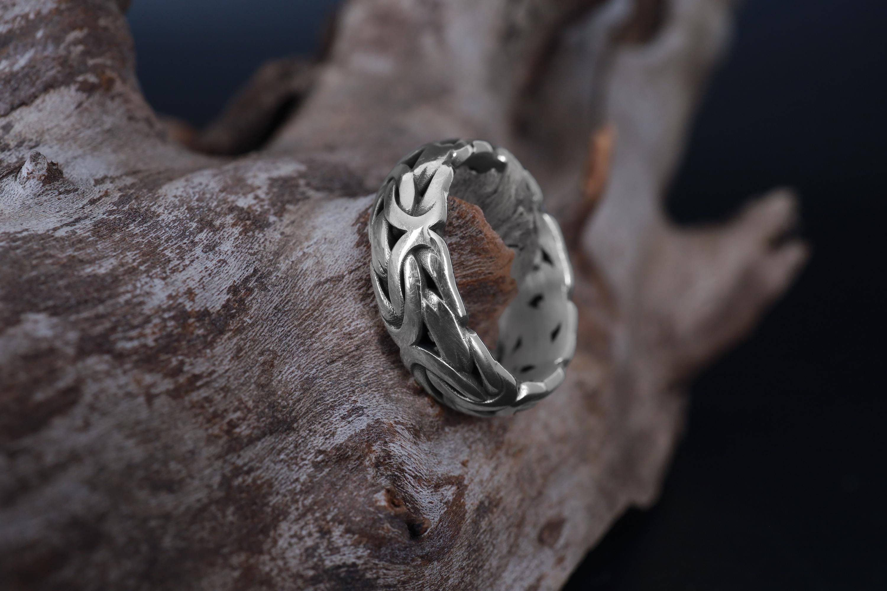 Handmade Sterling Silver Byzantine Chain Ring: Braided Mens