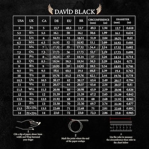 Puede incluir: Una tabla de conversi&oacute;n de tallas de anillos, que muestra tallas de EE. UU. a Jap&oacute;n, con medidas en pulgadas y mil&iacute;metros. Incluye instrucciones para medir el tama&ntilde;o del dedo, con la marca "DAVID BLACK" en la parte superior.