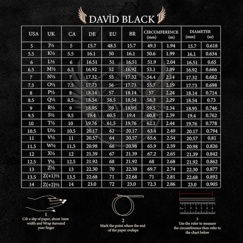 Puede incluir: Una tabla de conversi&oacute;n de tallas de anillos, que muestra tallas de EE. UU. a Jap&oacute;n, con medidas en pulgadas y mil&iacute;metros. Incluye instrucciones para medir el tama&ntilde;o del dedo, con la marca "DAVID BLACK" en la parte superior.