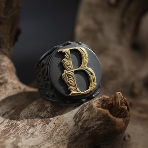 Custom Initial Signet Ring: Engraved Baroque Letter, Sterling Silver/Gold