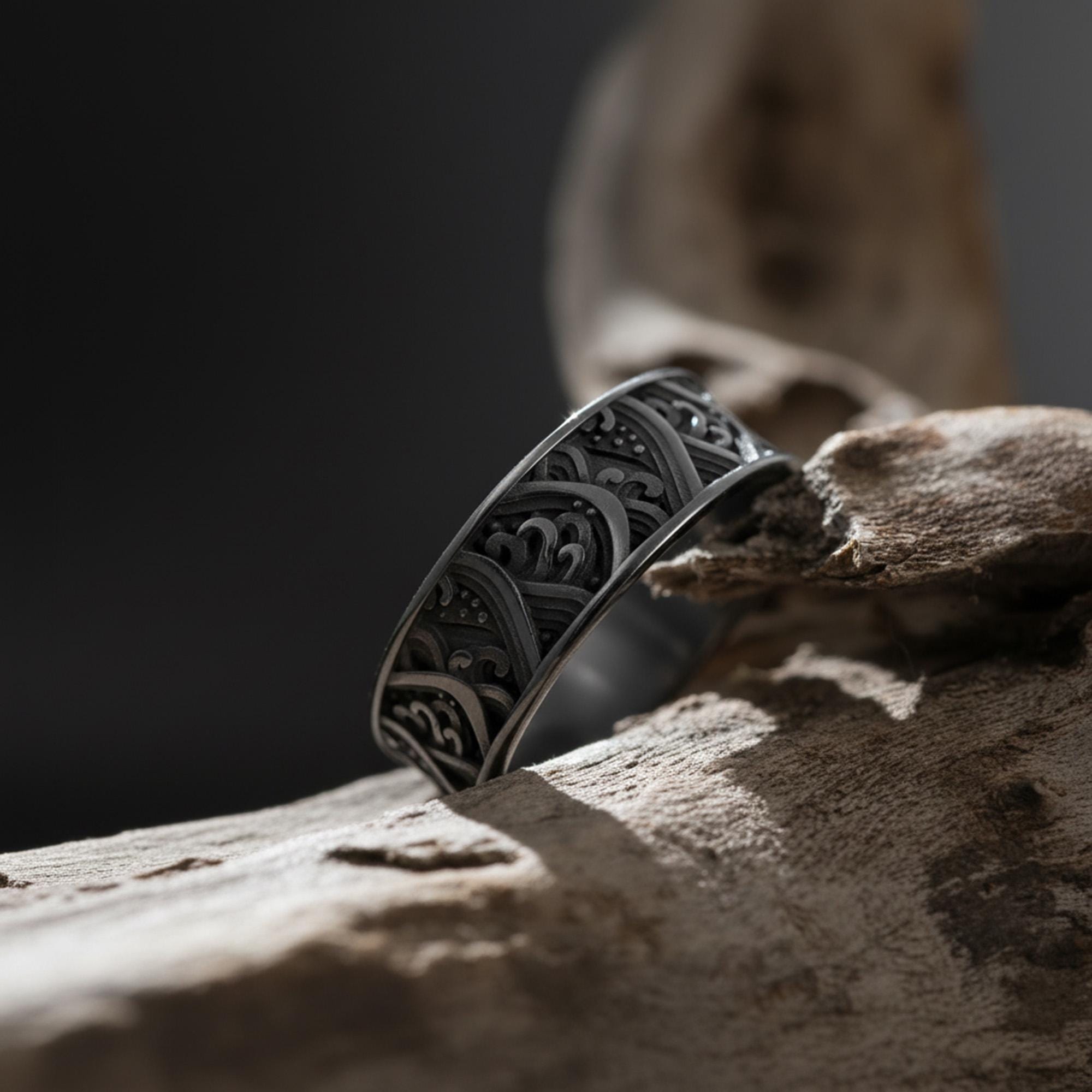 Sterling Silver Great Wave Ring: Japanese Kanagawa Ocean Band 