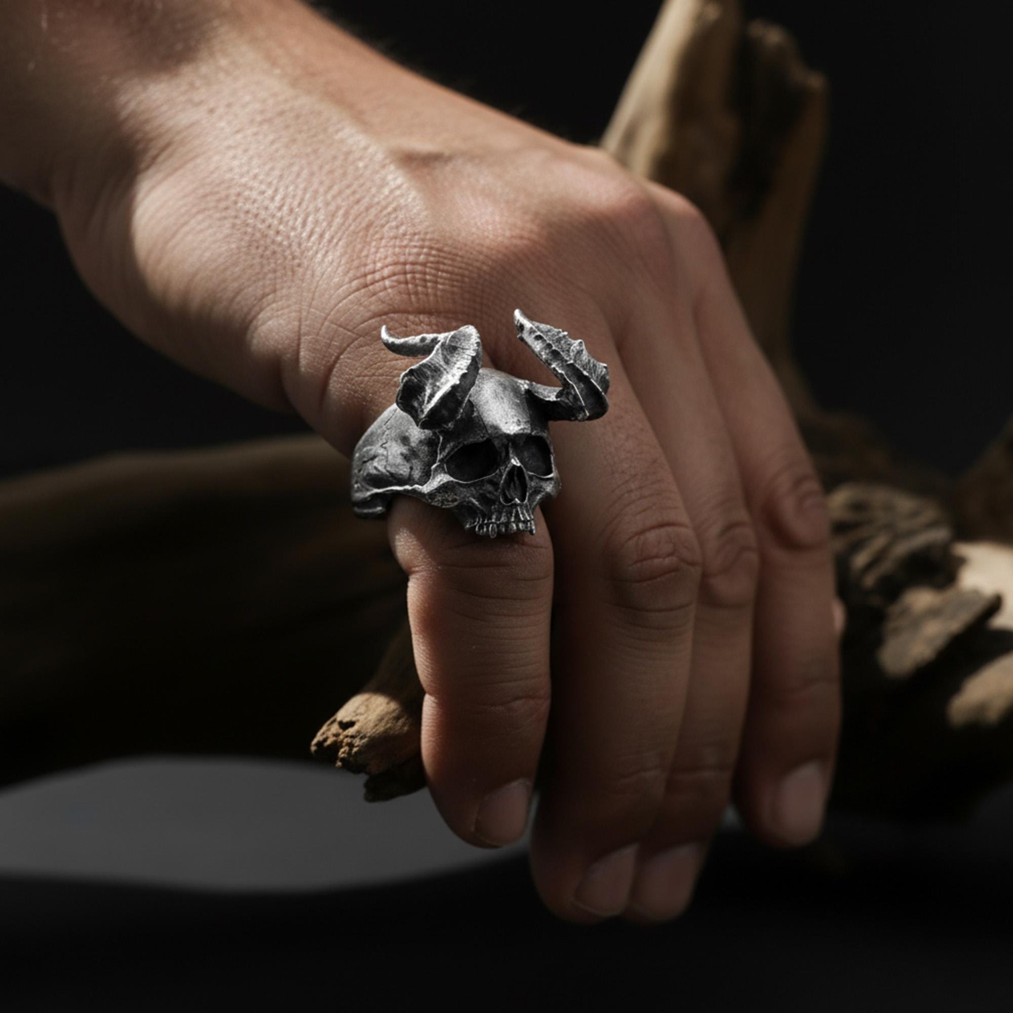 Handmade Sterling Silver Horned Devil Skull Ring, Gothic Biker