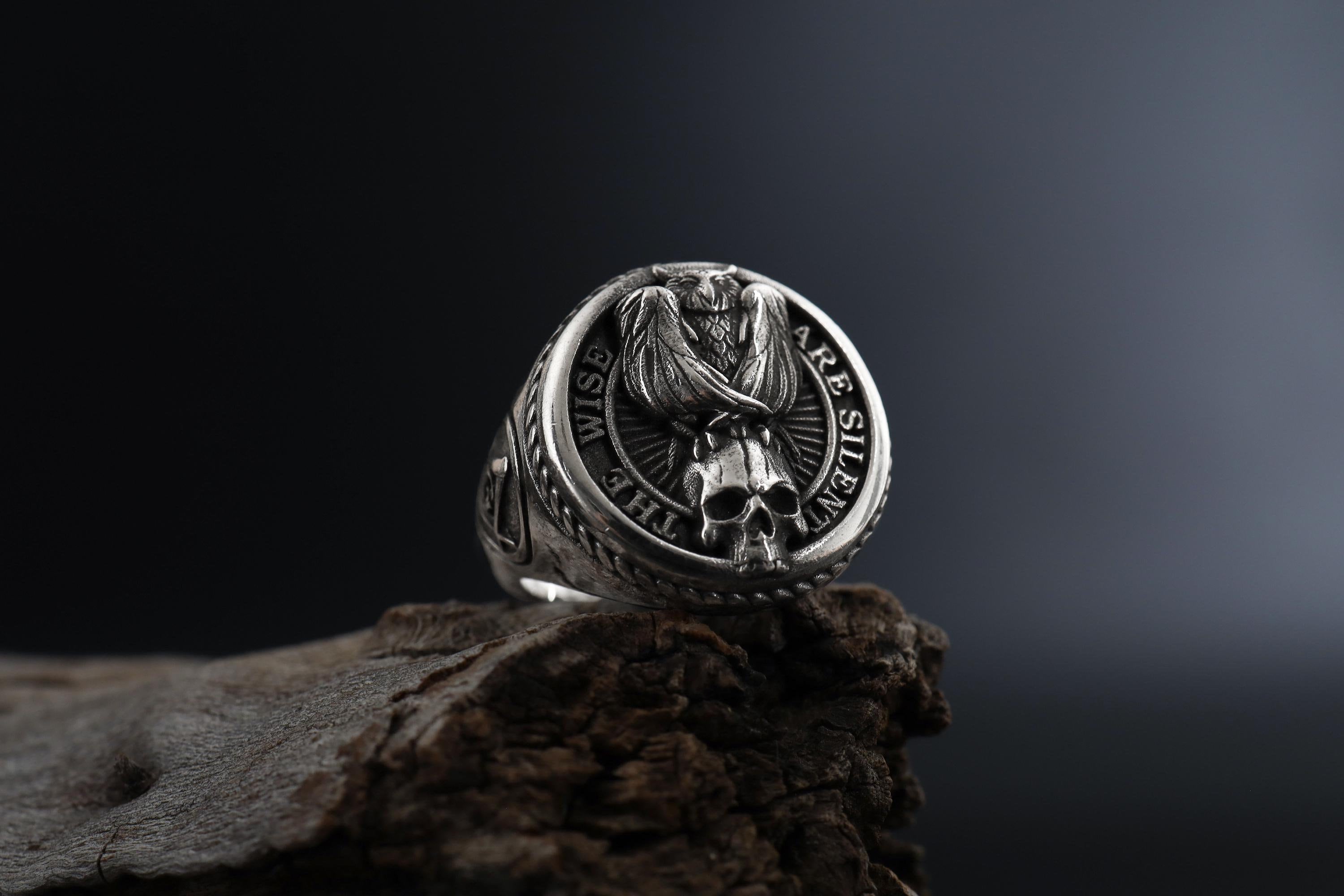Skull Owl Signet Ring, Masonic Freemason Sterling Silver Men's Ring