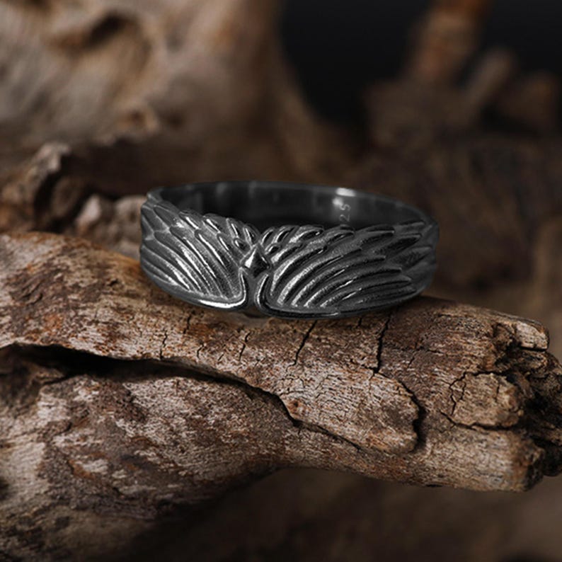 Angel Wings Band Ring, Guardian Angel Ring For Him, Gold Plated Angel Jewelry, Silver Men Wedding Ring, Unique Wedding Band for Husband image 13