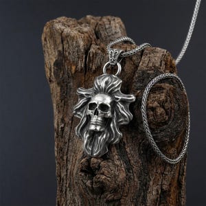 Silver Wiccan Skull Necklace, Handmade Large Skull Head Necklace, Victorian Skull Necklace, Devil Face Skull Necklace, Biker Jewelry Gift