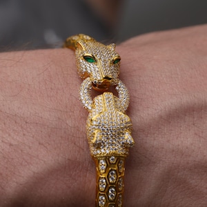 Gold Panther Bracelet for Men, Animal Head Chain Bracelet, Luxury Tiger Head Bracelet for Him, Designer Bracelet Men, Wildcat Bracelet