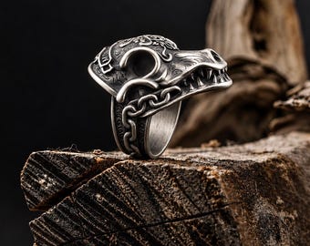 Chained Beast Skull Ring, 925 Sterling Silver Mens Statement, Gothic Biker Gift
