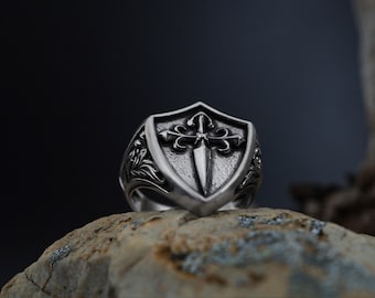 Medieval Shield Ring, 925 Sterling Silver Knight Ring, Fleur De