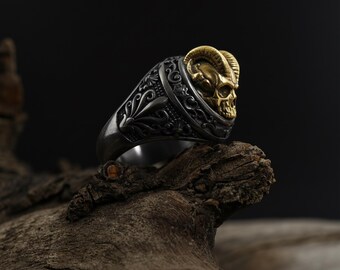 Demon Horns Skull Sterling Silver Ring, Gothic Biker Jewelry - Etsy