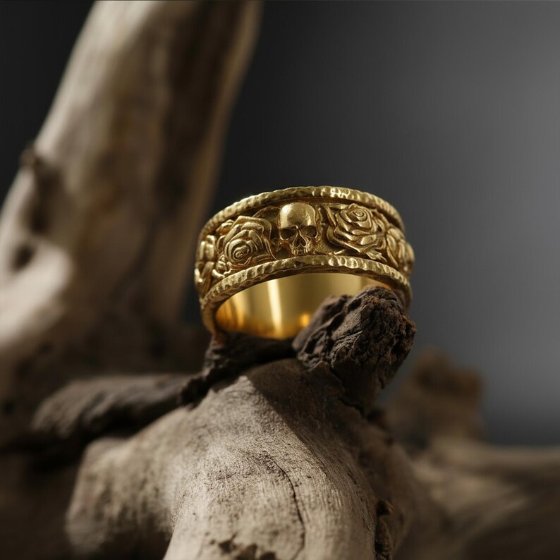 blumigen Schädel Ehering: Rose und Schädel-Band-Ring, Gothic Hochzeit für Ihn, Rosen der Ewigkeit Ring Bild 5