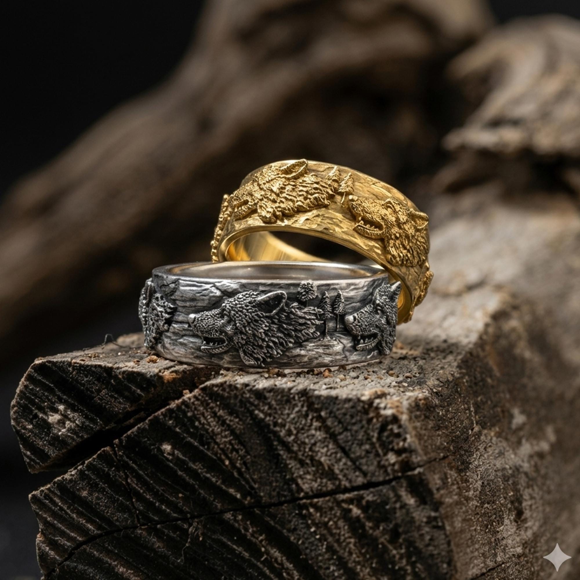 Handcrafted 925 Sterling Silver Wolf Ring for Men, Textured Band