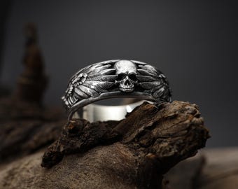Handmade Raven and Skull Band Ring: 925K Silver Gothic Men Ring, Viking Wedding Band, Punk Jewelry