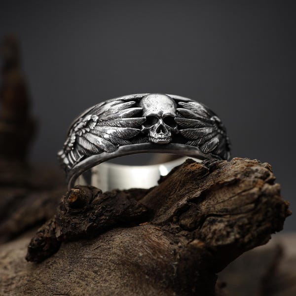 Handgjord korpskallering, 925 sterlingsilver gotisk herrarmband, vikingering, nordiska smycken, kråkskallering